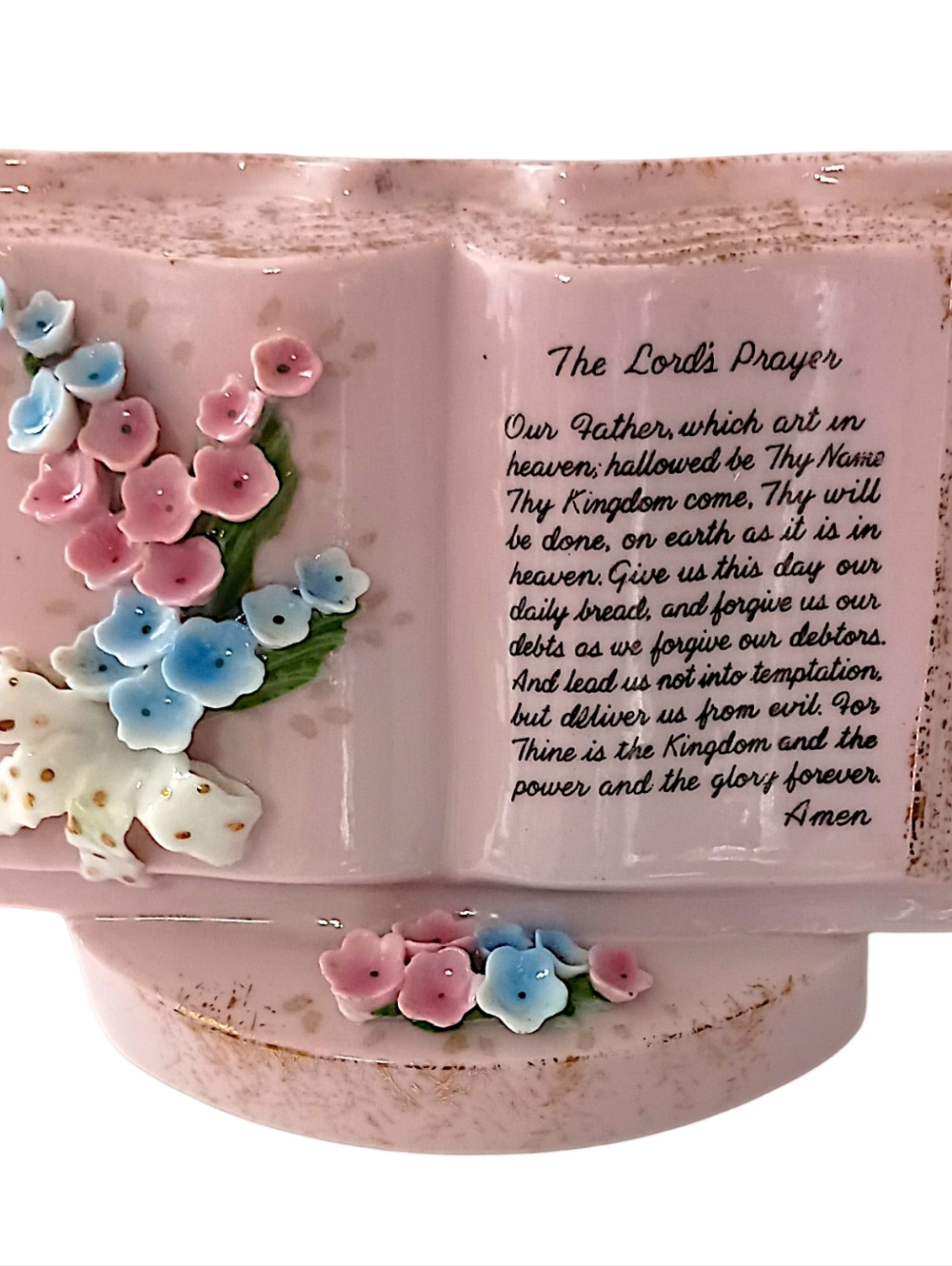 Norcrest Lords Prayer Planter Vase‎ Porcelain Hand Painted Pink Vtg Wall Pocket